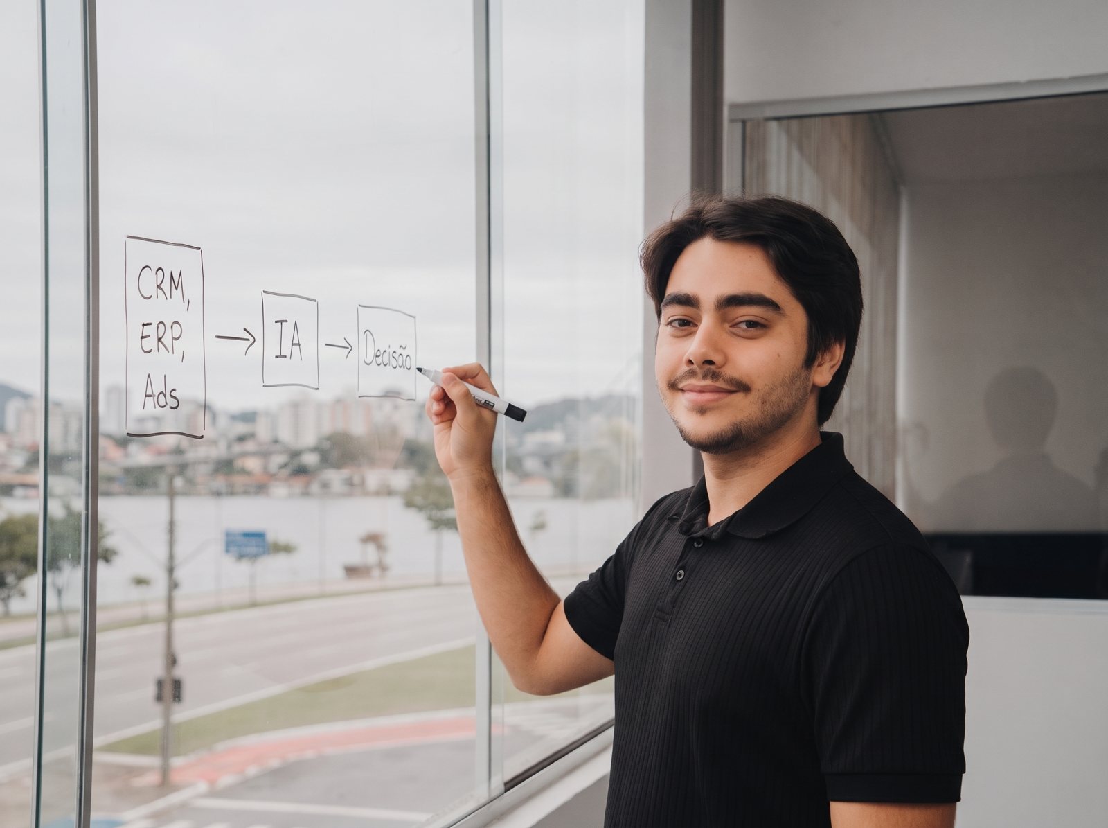 Julio desenhando um fluxo de dados no quadro